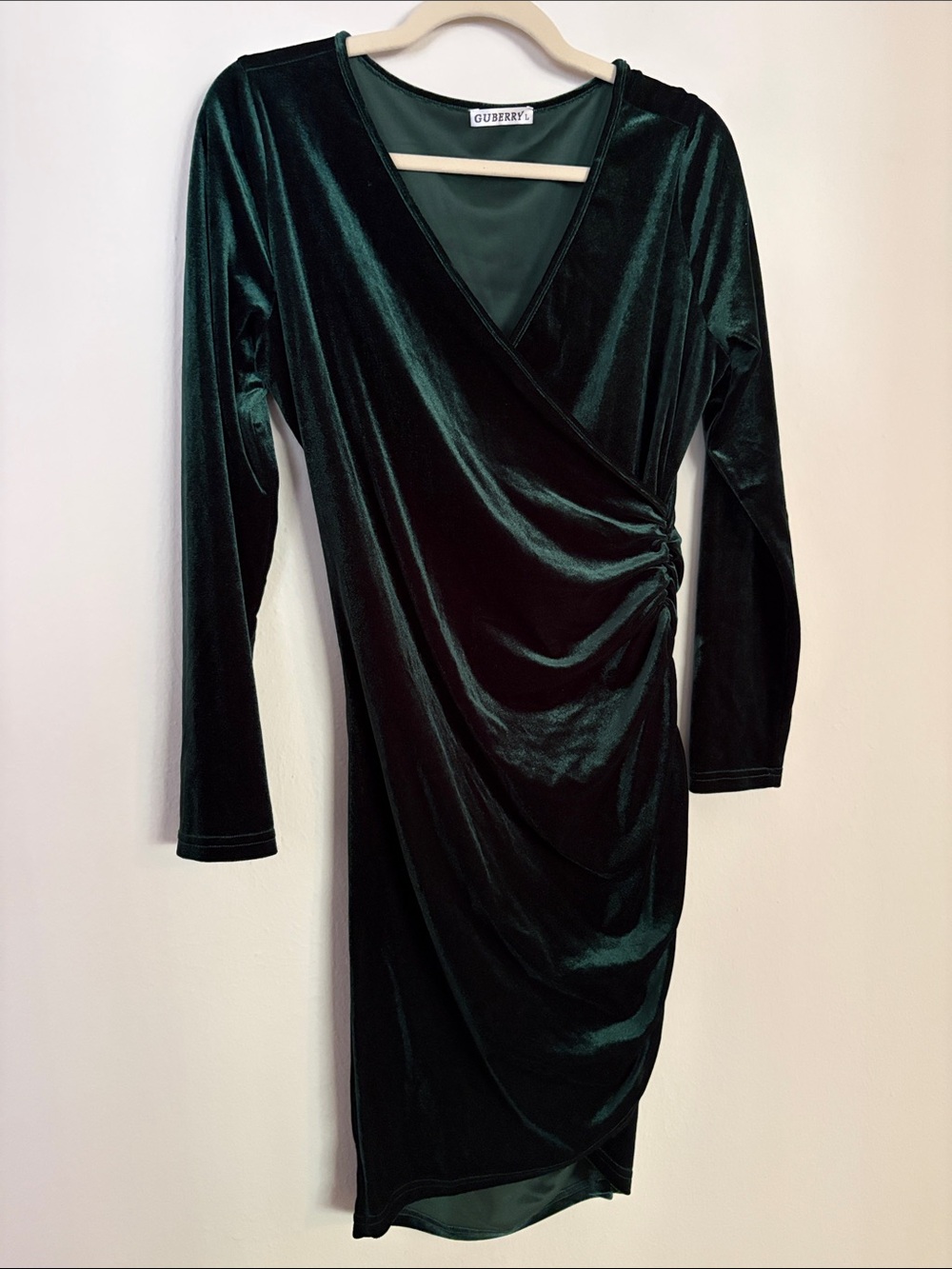 Guberry Deep Green Velvet Long-Sleeve Wrap Dress
